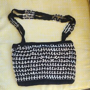 ✨️Black Crochet Shoulder Bag with Silver Sequin Detail